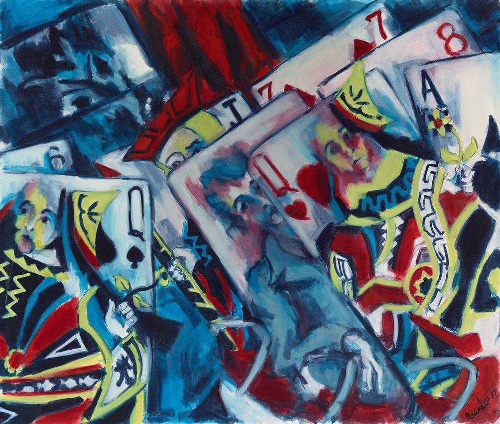 In the Train with Playing Cards, 1989, 50 x 42